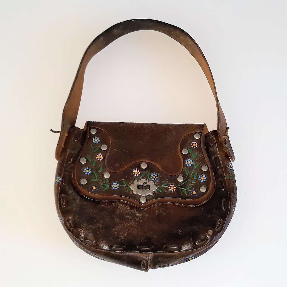 Floral Stamped Leather Shoulder Bag Vintage